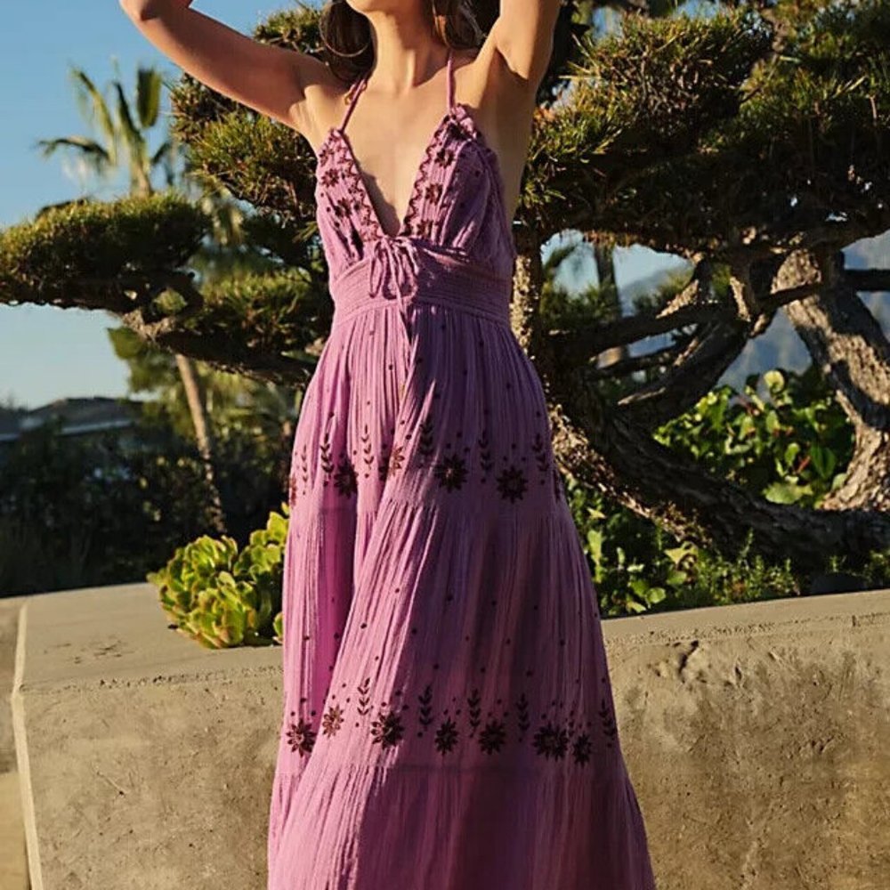 Free People Real Love Embroidered Dress Floral Smocked Halter S
